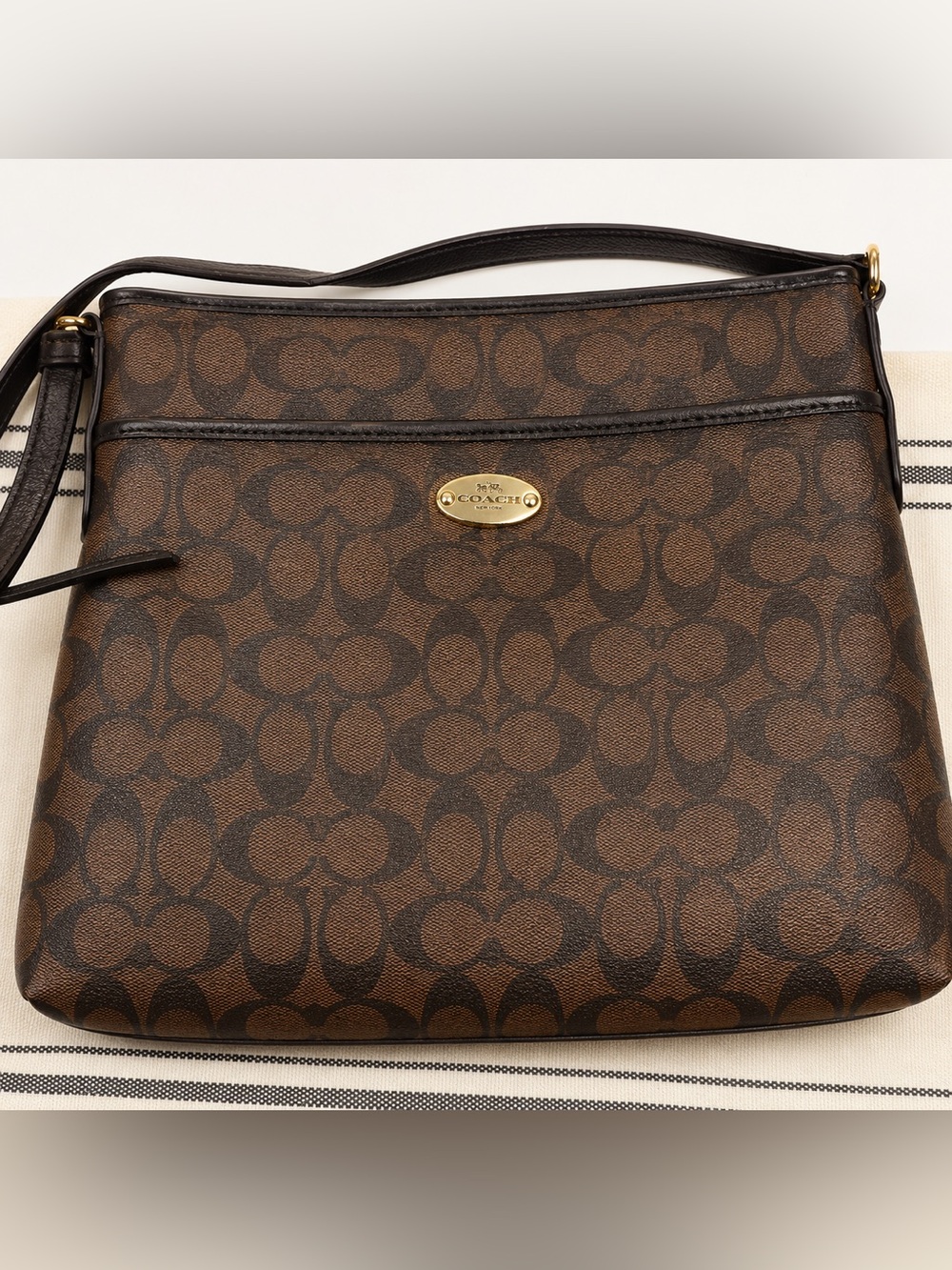 Coach Brown Signature Logo Shoulder Bag with Black Trim
